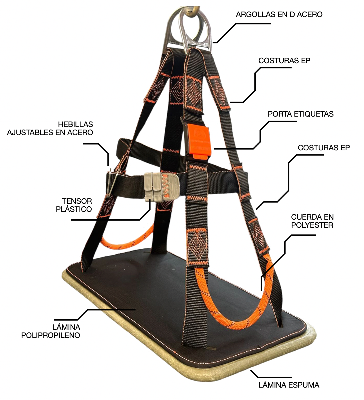 Silla de Suspensión para Trabajos en Alturas fabricada en Poliéster y Plástico.